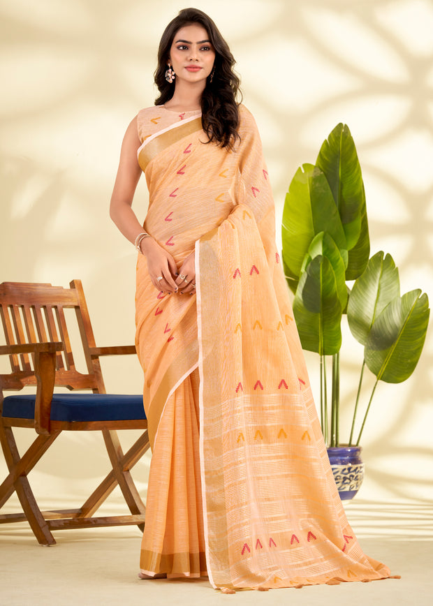 Delight Orange Woven Linen Silk Saree