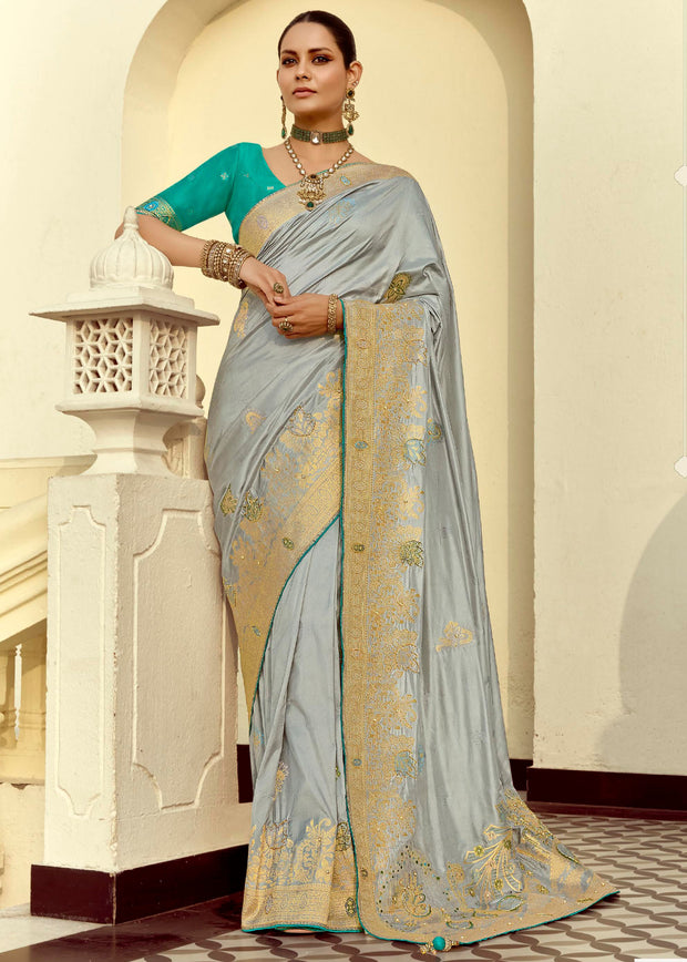 Sterling Grey Woven Banarasi Designer Silk Saree With Contrast Blouse
