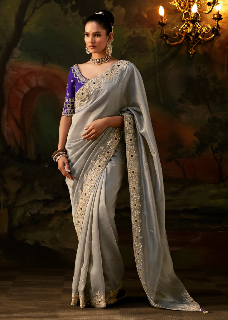 Silver Grey Embroidered Tissue Saree