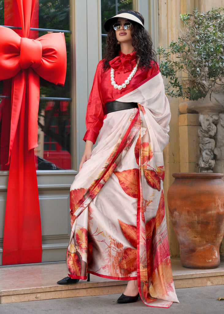 Red And White Printed Satin Silk Saree