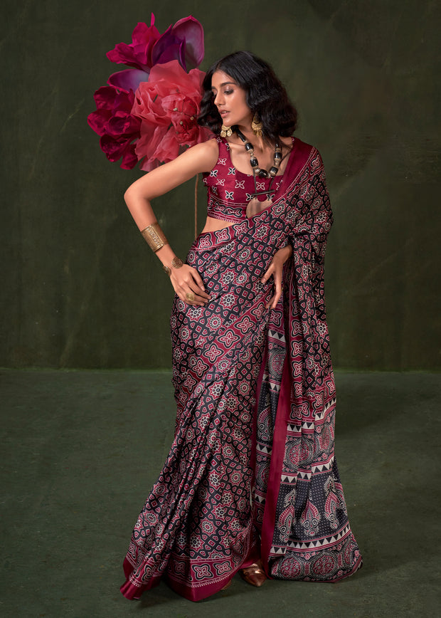 Beet Red Printed Satin Crepe Silk Saree