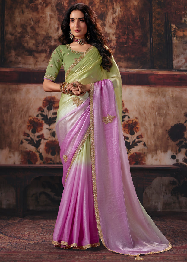 Green And Pink Ombre Designer Satin Silk Saree With Embroidered Blouse