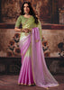 Green And Pink Ombre Designer Satin Silk Saree With Embroidered Blouse