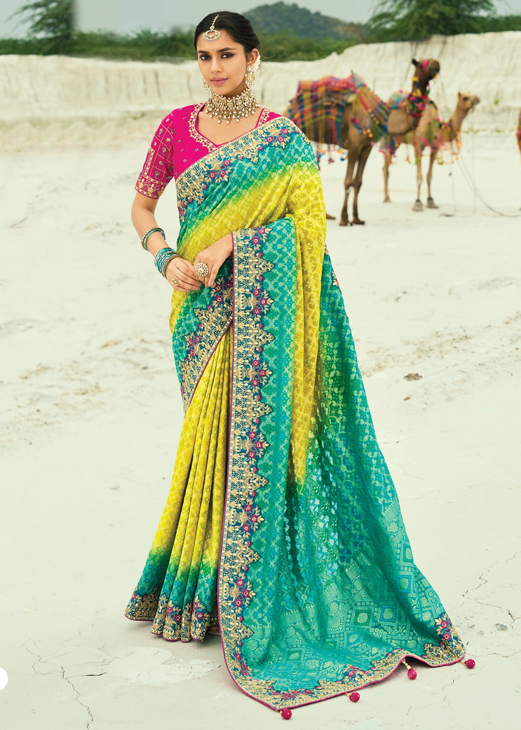 Yellow & Green Woven Georgette Bandhej Designer Saree
