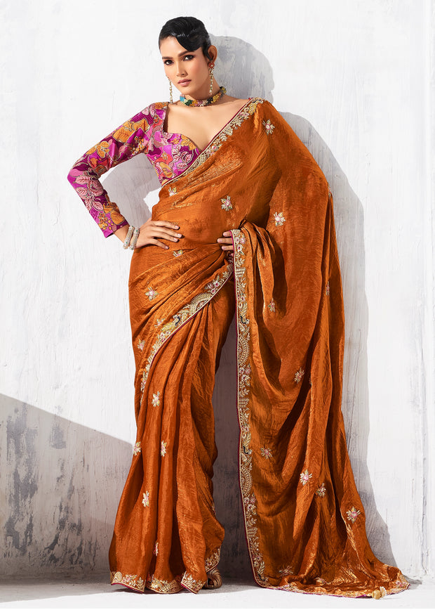 Rust Orange Embroidered Designer Saree