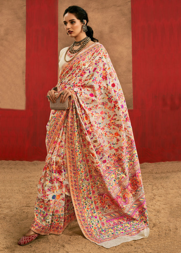 Ivory Cream Woven Kashmiri Jamewar Silk Saree