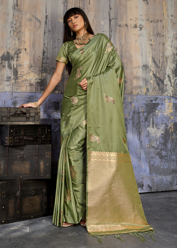 Olive Green Woven Banarasi Satin Silk Saree