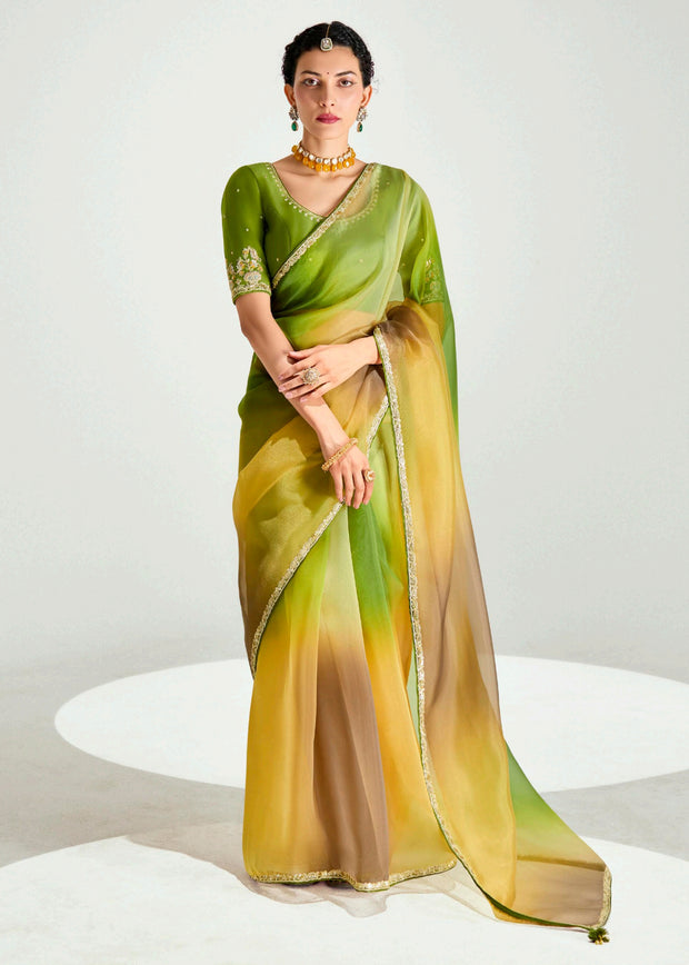 Mehandi green ombre tissue saree with embroidered blouse