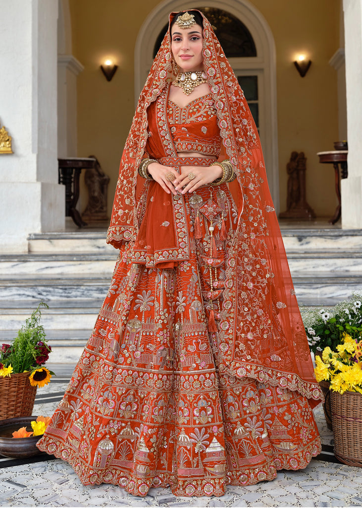 Rust Orange Embroidered Silk Bridal Lehenga With Double Dupatta