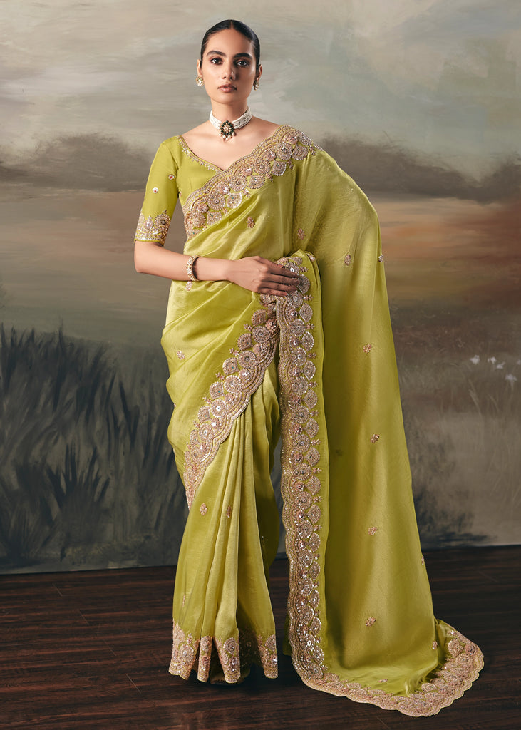 Lime Green Tissue Embroidered Wedding Wear Saree