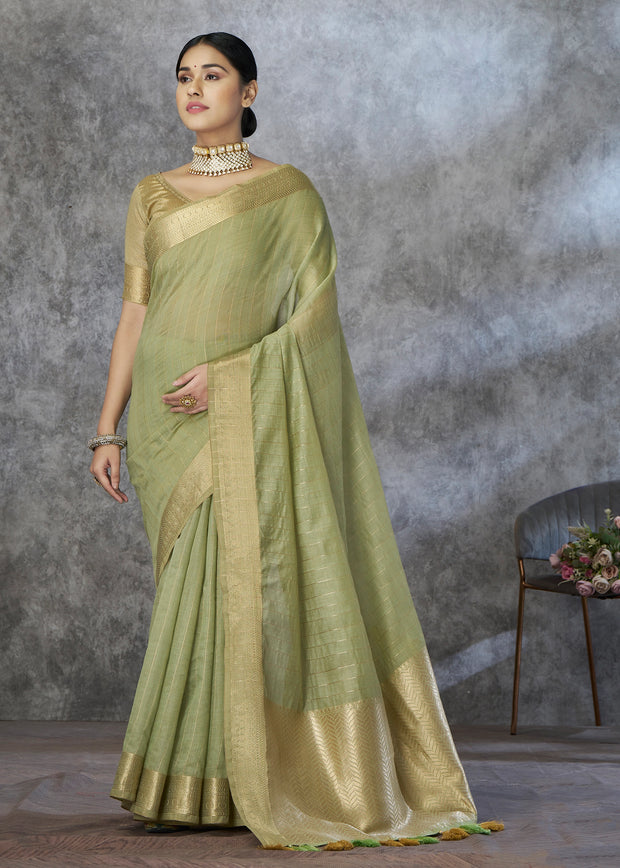 Pistachio Green Woven Cotton Saree