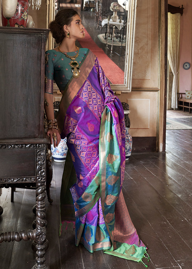 Mystic Teal & Purple Dual Tone Bronze Zari Woven Banarasi Silk Saree