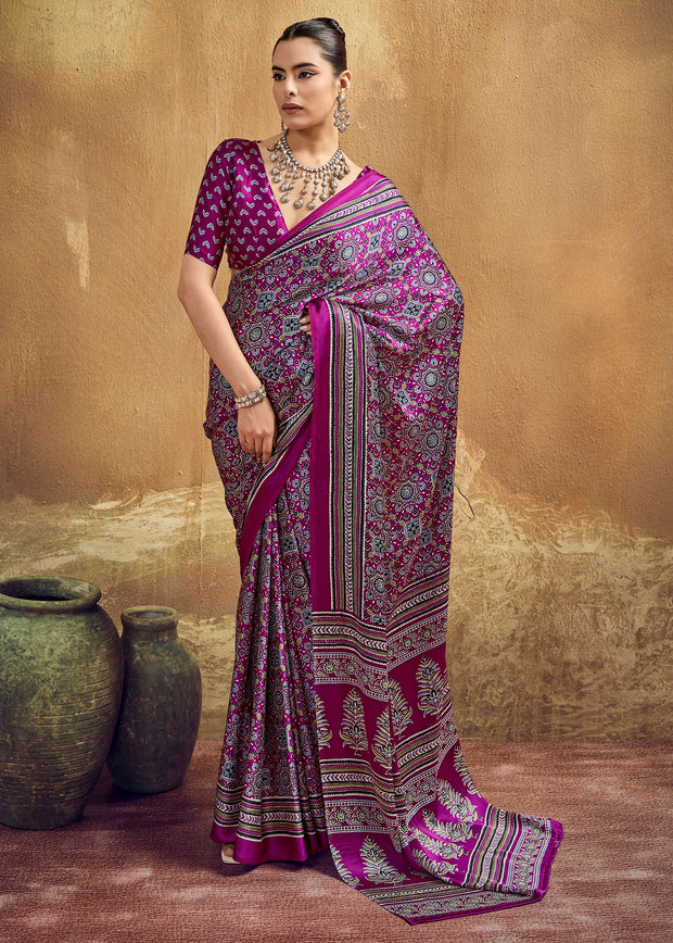 Magic Purple Printed Satin Silk Saree