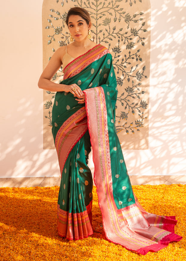 Peacock Bloom emerald green Banarasi saree with Meenakari peacock motifs in resham