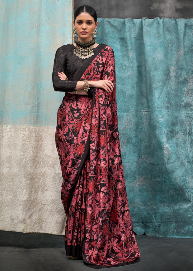 Persian Red And Black Satin Crepe Printed Silk Saree