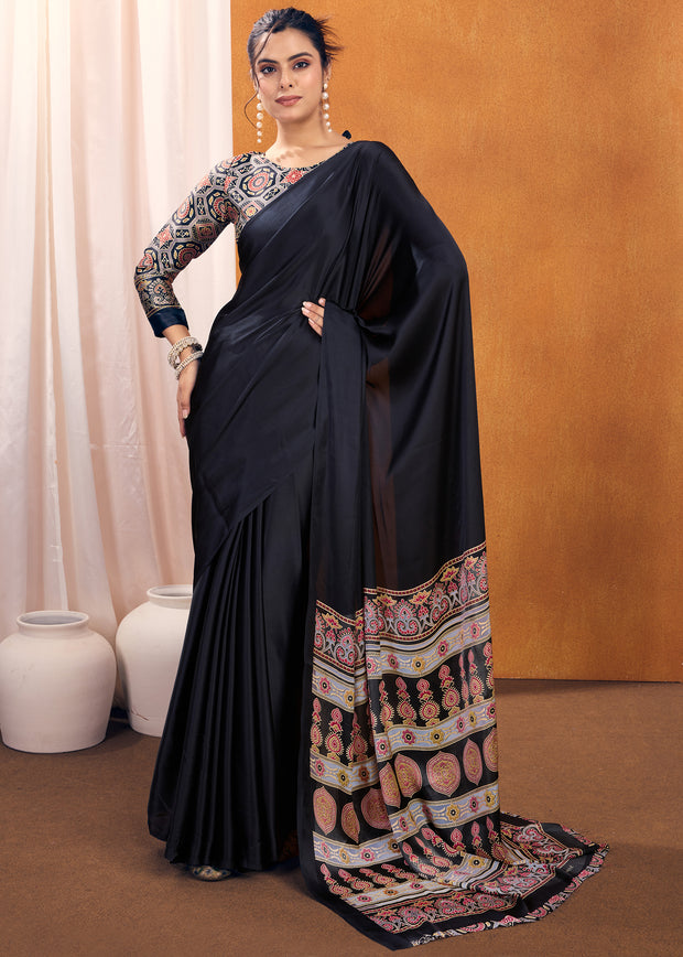Adoring Black Satin Silk Saree with Ajrakh Printed Pallu and Blouse