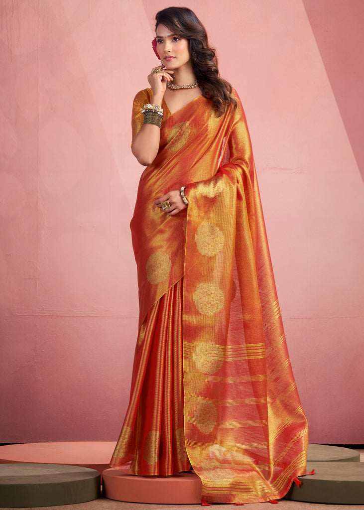 Sunset Orange Woven Tissue Silk Saree