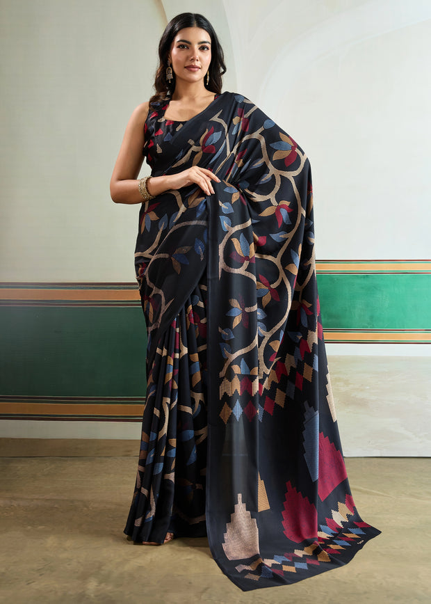 Midnight Black Printed Satin Silk Saree