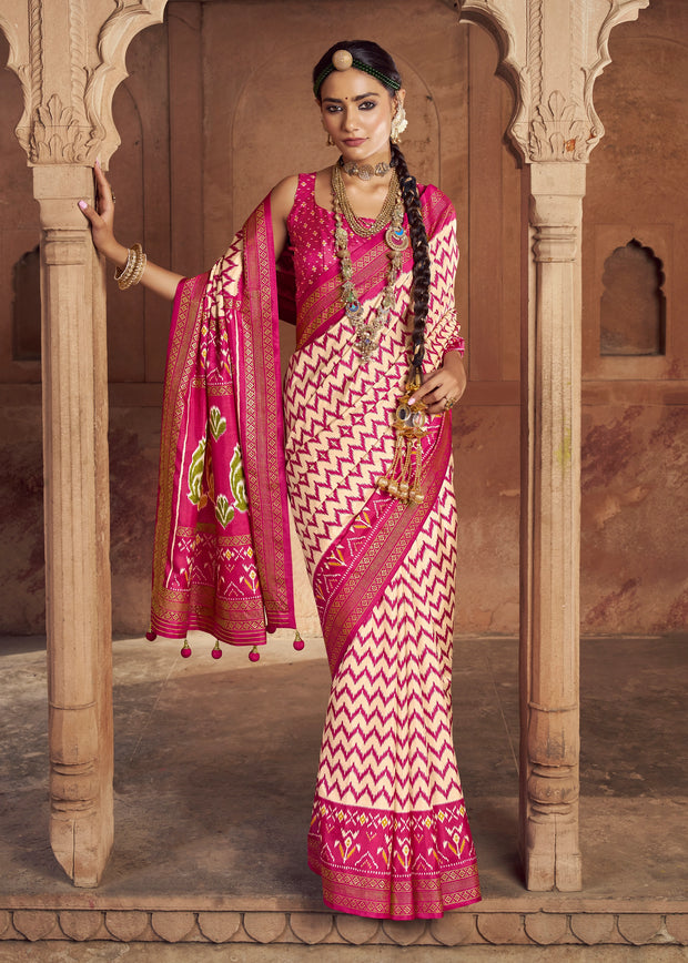 Magenta Pink Printed Patola Silk Saree