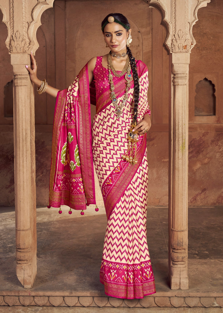 Magenta Pink Printed Patola Silk Saree
