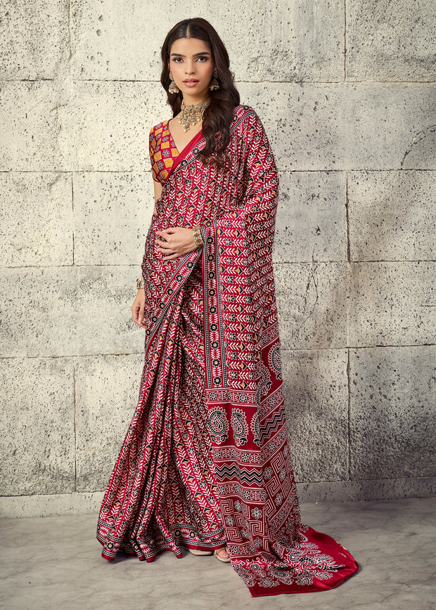 Red Printed Satin Silk Saree