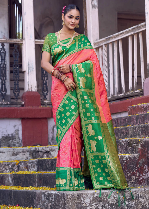 Peach Pink Woven Banarasi Silk Saree
