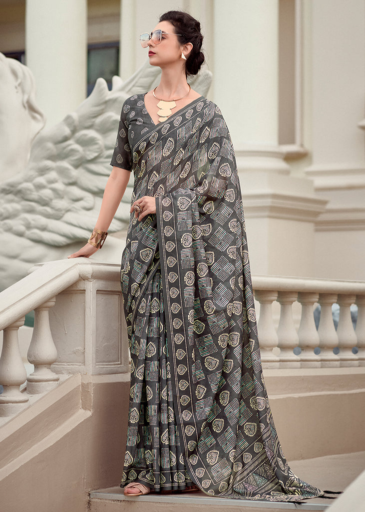 Steel Grey Printed Cotton Silk Saree