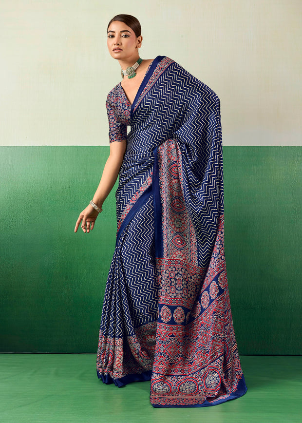 Denim Blue Printed Satin Silk Saree
