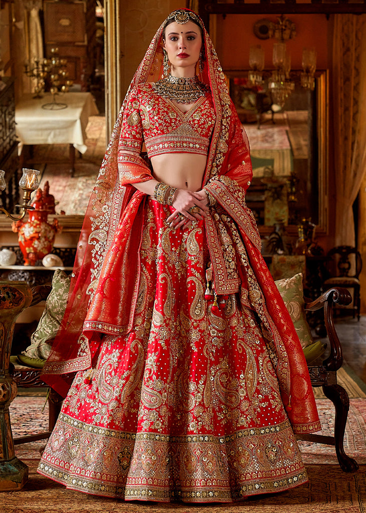 Dazzling Red Heavy Embroidered Designer Lehenga