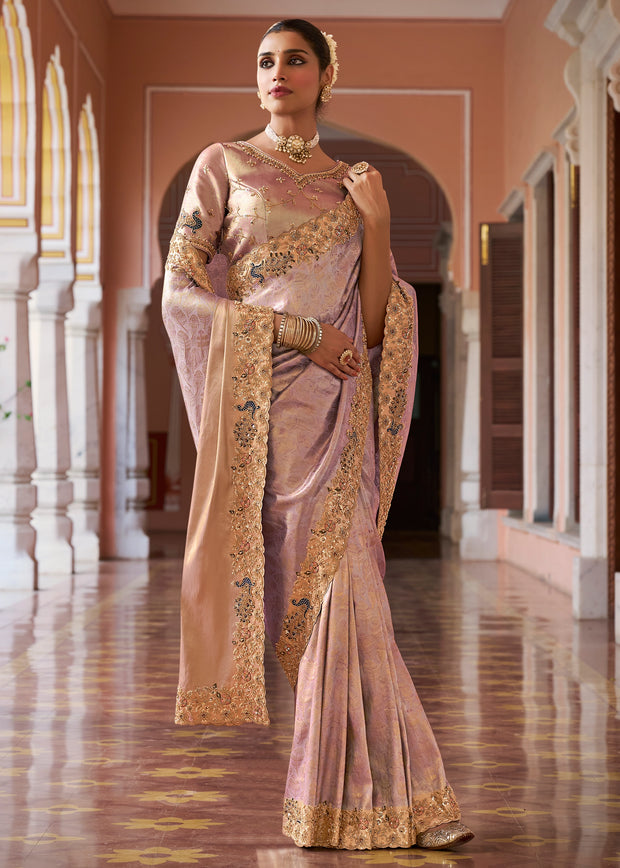 Dusty Lilac Bead Work Kanjivaram Soft Silk Saree