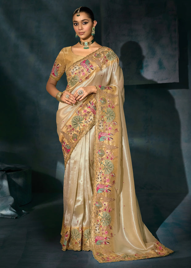 Cream Embroidered Designer Tissue Saree
