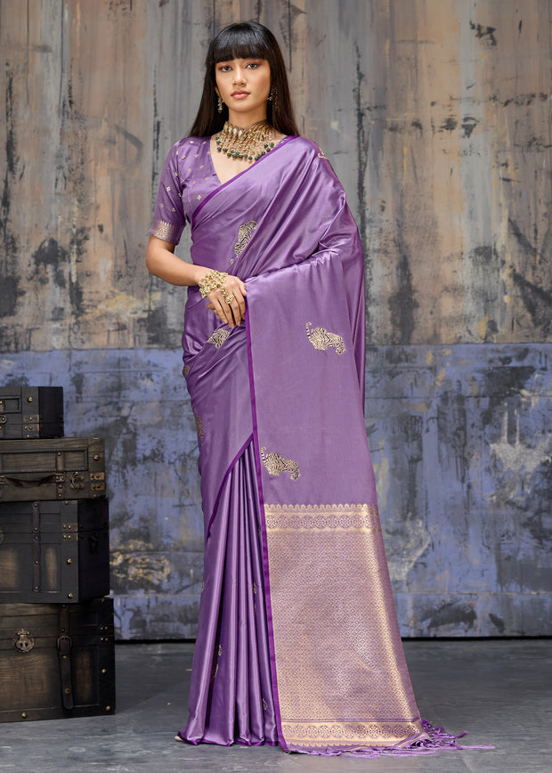 Lavender Purple Woven Banarasi Satin Silk Saree