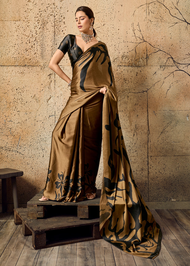 Cinnamon Brown Printed Satin Silk Saree
