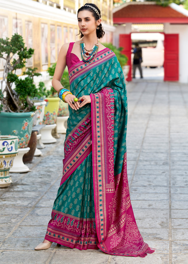 Teal Green Woven Soft Silk Saree