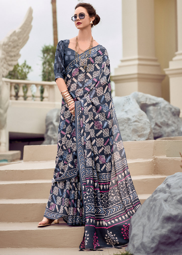 Midnight Black Printed Cotton Silk Saree