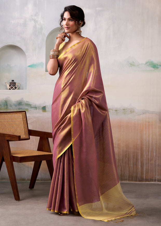 Golden Wine Woven Tissue Silk Saree