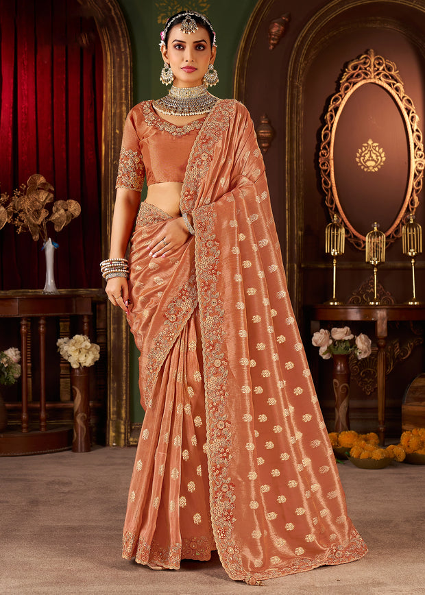 Apricot Orange Embroidered Tissue Designer Saree