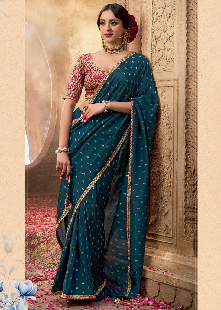 “Exclusive Offer” : Coral Blue Woven Designer Embroidered Silk Saree With Contrast Blouse