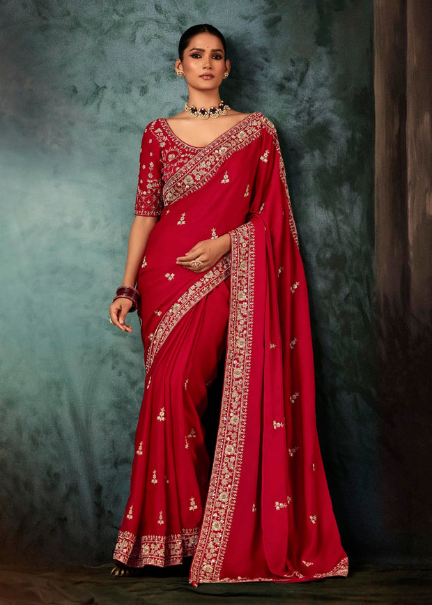 Flame Red Designer Embroidered Saree