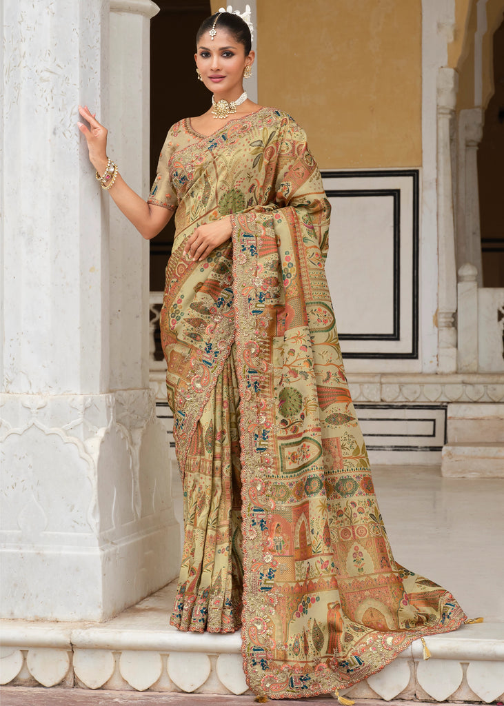 Safari Beige Designer Embroidered Silk Saree