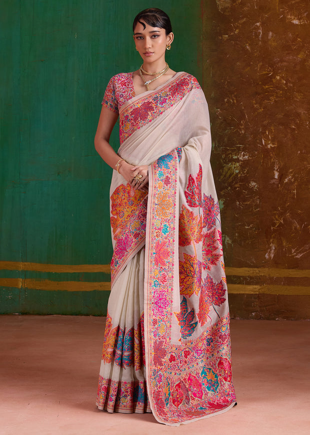 Desert White Woven Cotton Kashmiri Jamewar Saree