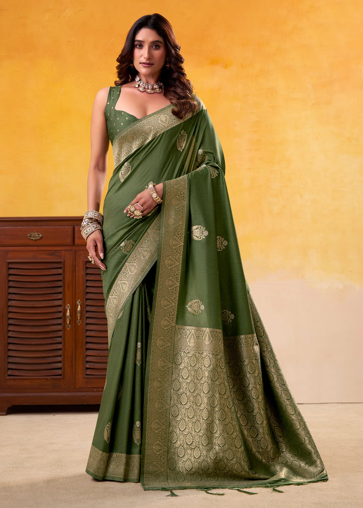 Mehndi Green Woven Tusser Silk Saree