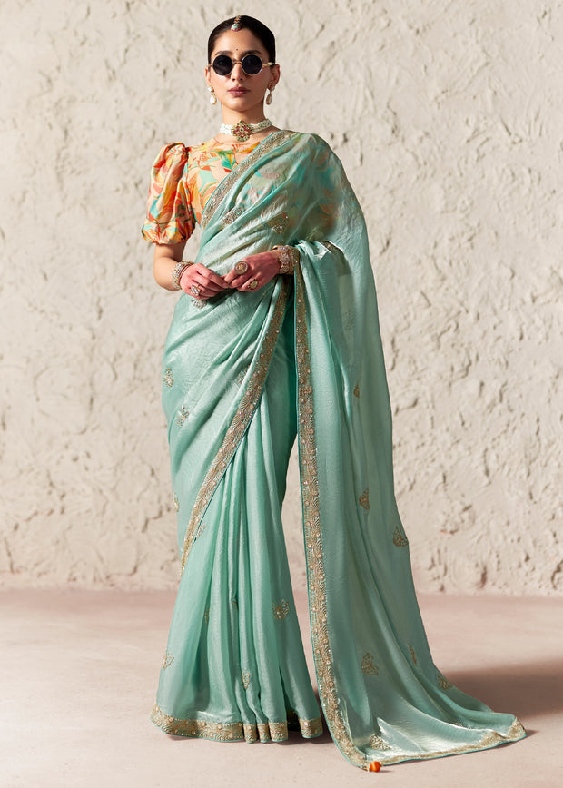 Delight Blue Designer Organza Tissue Silk Saree With Printed Blouse