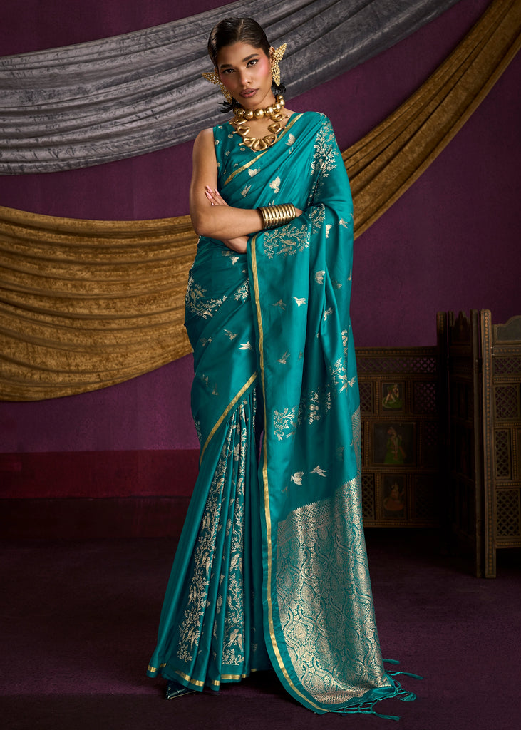 Teal Blue Banarasi Satin Silk Saree