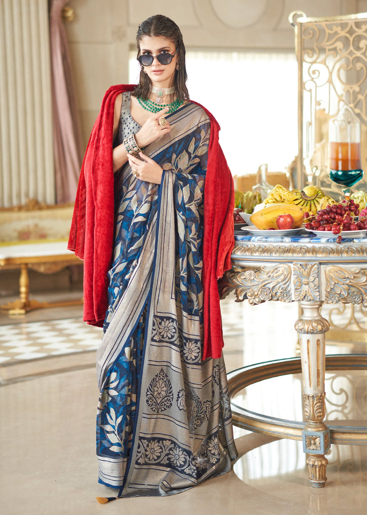 Teal Blue Woven Georgette Silk Saree