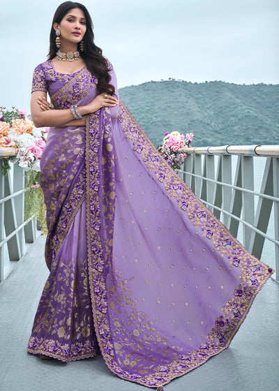 Beautiiful Purple Heavy Embroidered Designer Silk Saree (10580210876609)