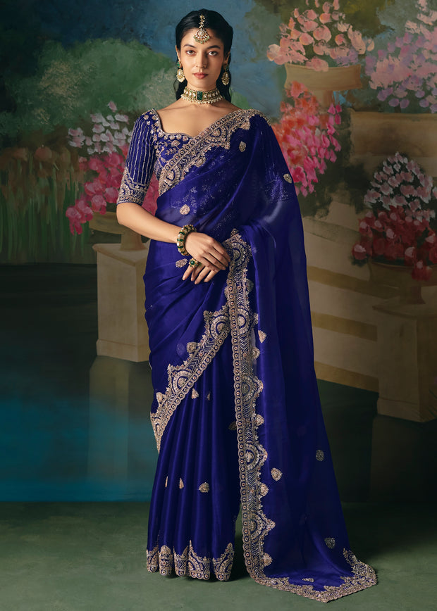 Royal Blue Embroidered Designer Saree