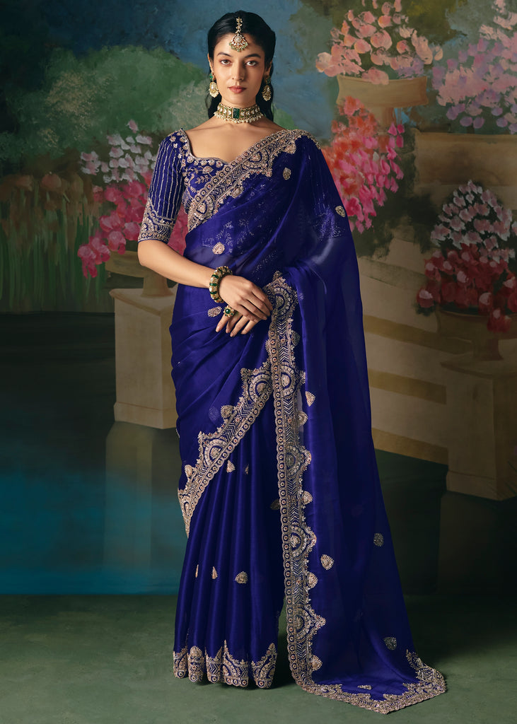 Royal Blue Embroidered Designer Saree