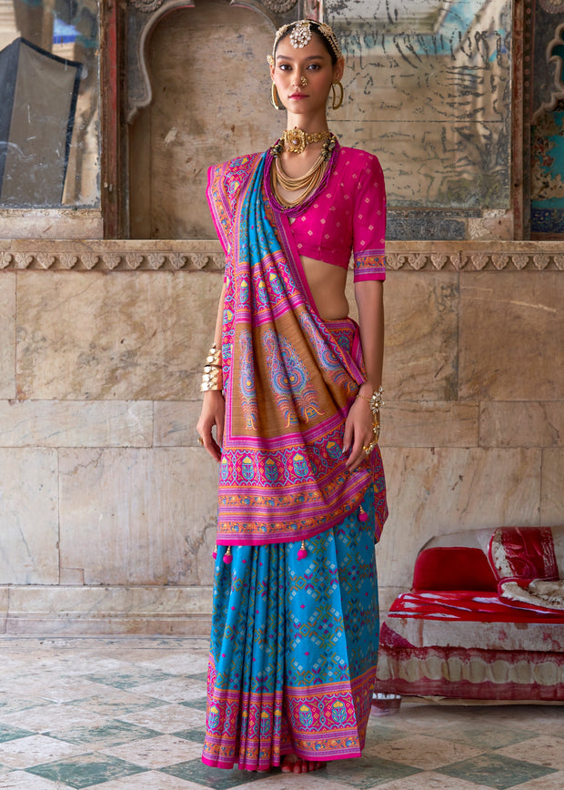 Sky Blue Patola Printed Silk Saree