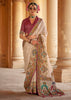 Off White Printed Silk Saree With Contrast Blouse